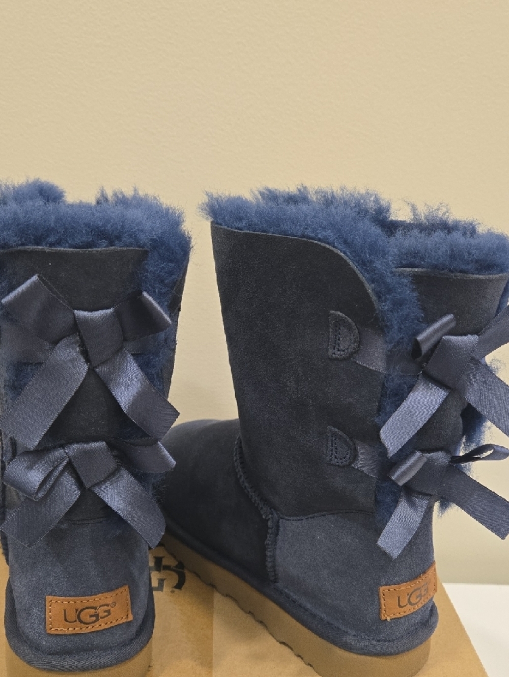 UGG Navy Short Suede Boots with Shearling Trim, 2x Bows On Each Boot - Picture 3 of 16